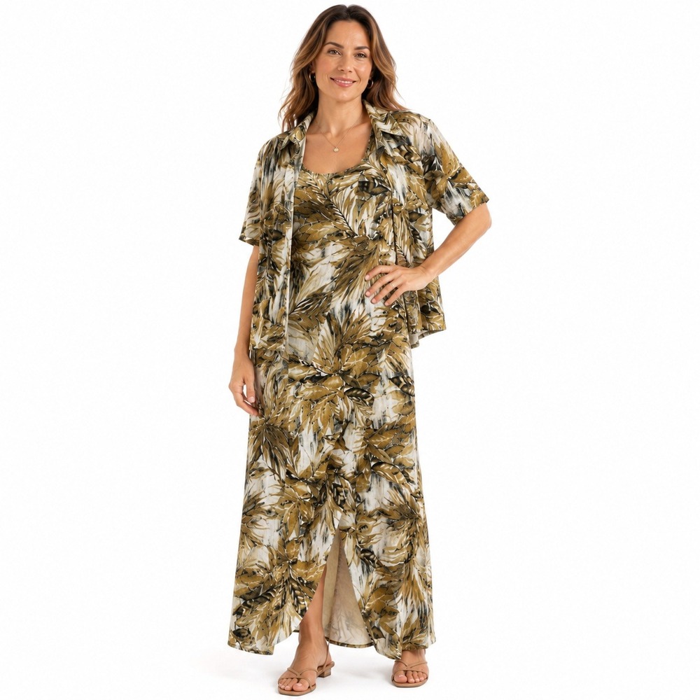 VTG Conrad C Tropical Leaf Print 3 Piece Shirt Tank Maxi Skirt Set Tan Size 12